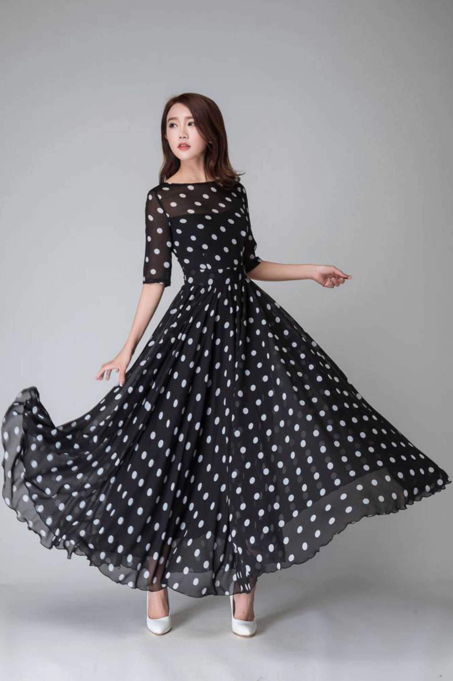 Black and White Chiffon Maxi Dress with Illusion Neckline and Half Sleeves
