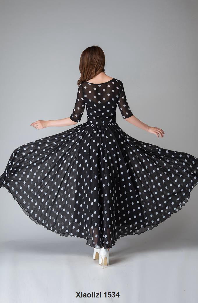 Black and White Chiffon Maxi Dress with Illusion Neckline and Half Sleeves Xiaolizi Black and White Chiffon Maxi Dress with Illusion Neckline and Half Sleeves Xiaolizi