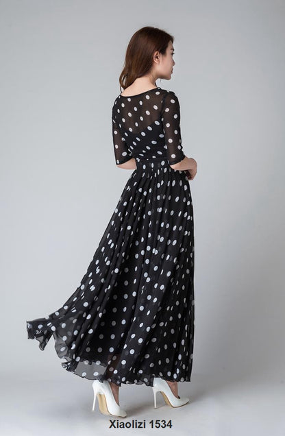 Black and White Chiffon Maxi Dress - Illusion Neckline, Half Sleeve 1534
