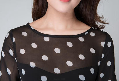 Black and White Chiffon Maxi Dress - Illusion Neckline, Half Sleeve 1534