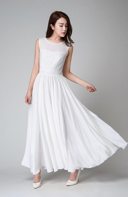 White Chiffon Maxi Dress - Sleeveless Fit and Flare Silhouette 1535