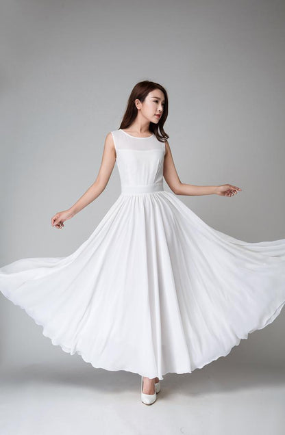 White Chiffon Maxi Dress - Sleeveless Fit and Flare Silhouette 1535