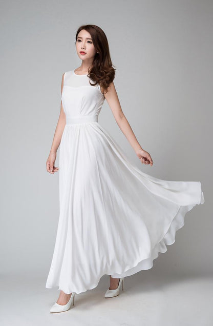 White Chiffon Maxi Dress - Sleeveless Fit and Flare Silhouette 1535