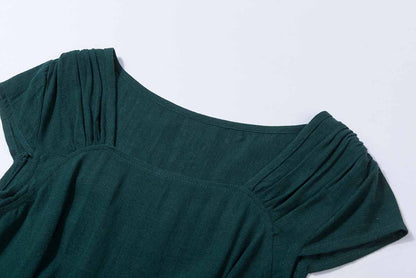 Army Green Linen Midi Swing Dress - Square Neckline, Cap Sleeves 1904