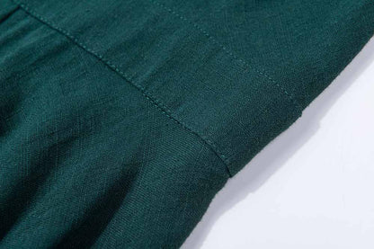 Army Green Linen Midi Swing Dress - Square Neckline, Cap Sleeves 1904