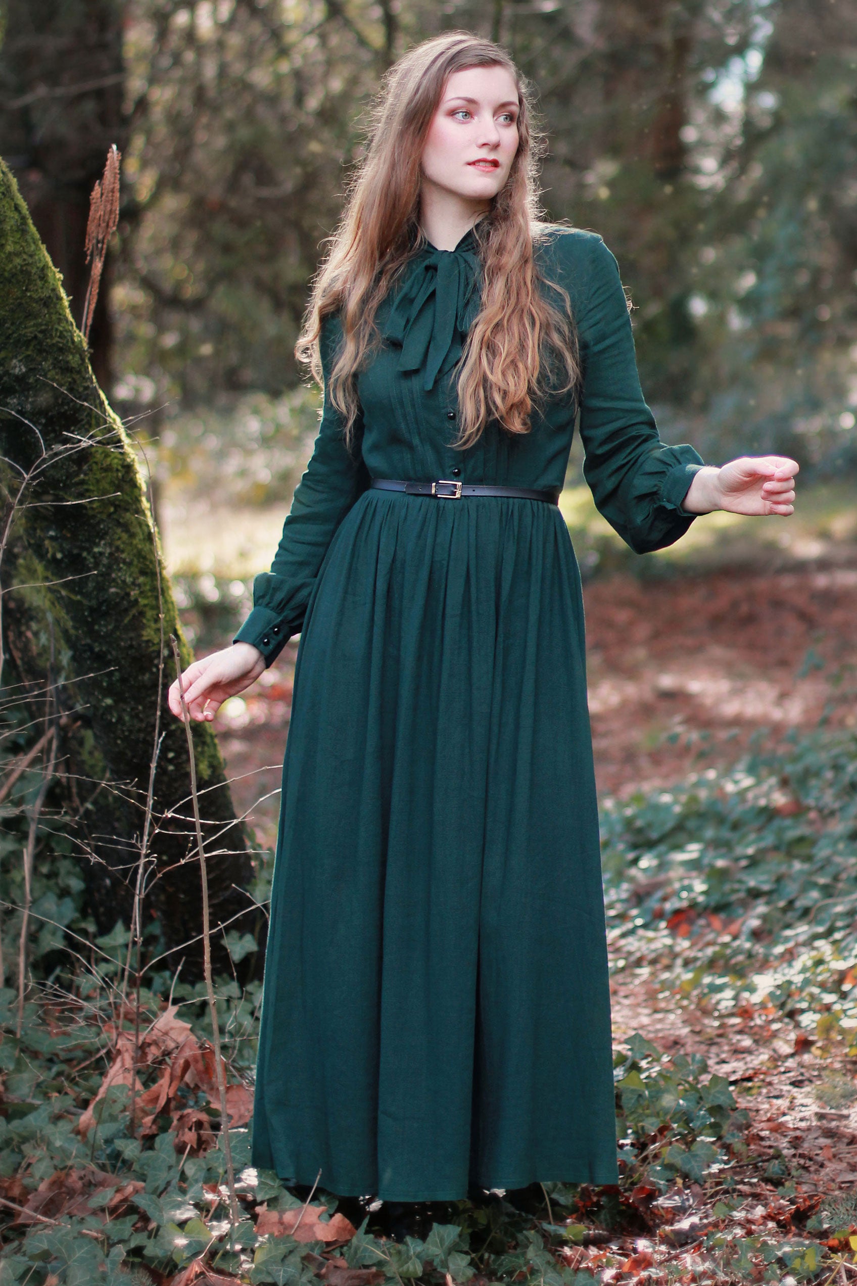 Vintage Inspired Linen Cotton Maxi Dress with Lantern Sleeves 2619