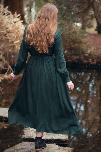 Vintage Inspired Linen Cotton Maxi Dress with Lantern Sleeves 2619