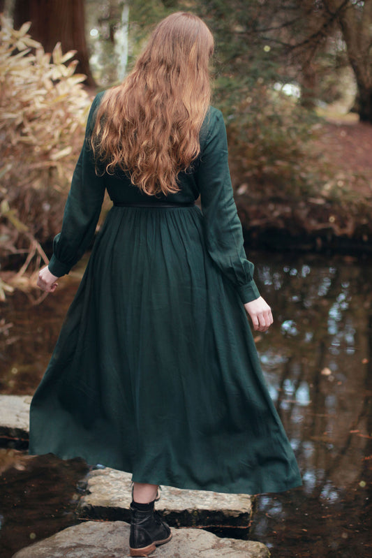 Vintage Inspired Linen Cotton Maxi Dress with Lantern Sleeves 2619