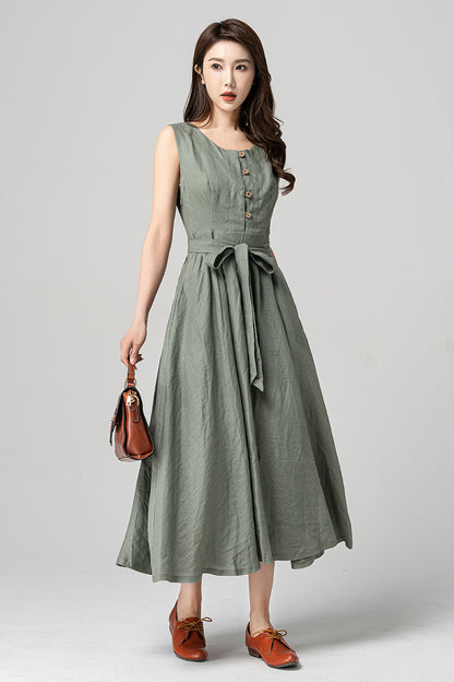 Green Linen Sleeveless Midi Dress - A-Line Silhouette with Waist Tie 4182