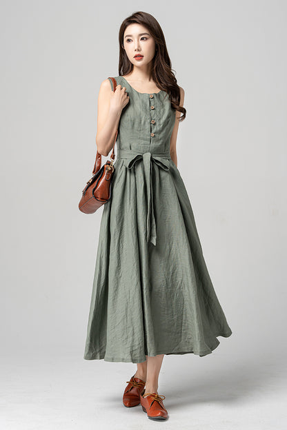 Green Linen Sleeveless Midi Dress - A-Line Silhouette with Waist Tie 4182