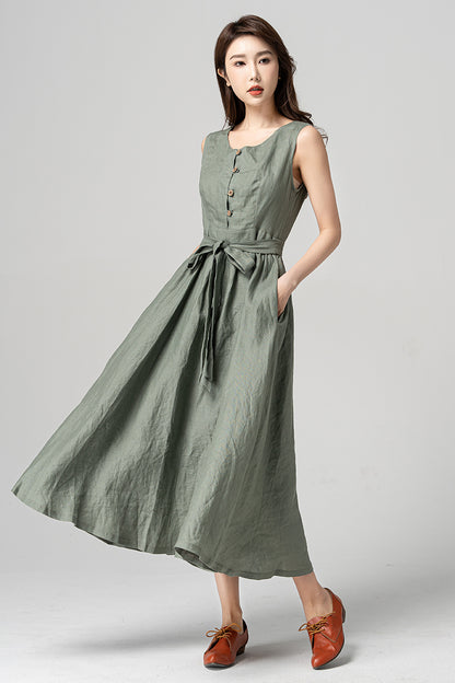 Green Linen Sleeveless Midi Dress - A-Line Silhouette with Waist Tie 4182