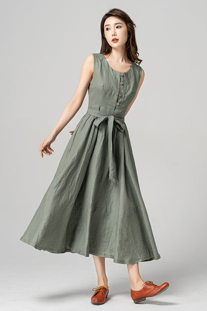 Green Linen Sleeveless Midi Dress - A-Line Silhouette with Waist Tie 4182