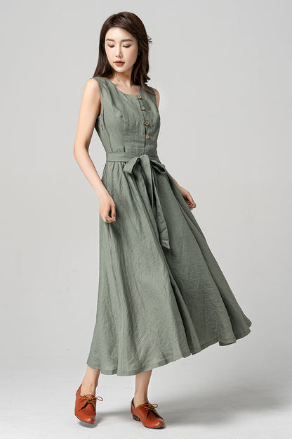 Green Linen Sleeveless Midi Dress - A-Line Silhouette with Waist Tie 4182