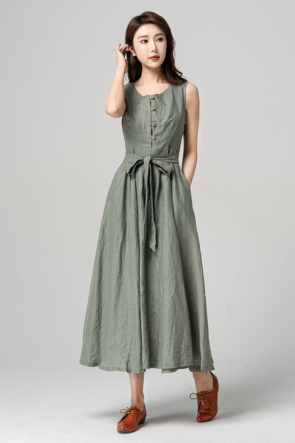 Green Linen Sleeveless Midi Dress - A-Line Silhouette with Waist Tie 4182
