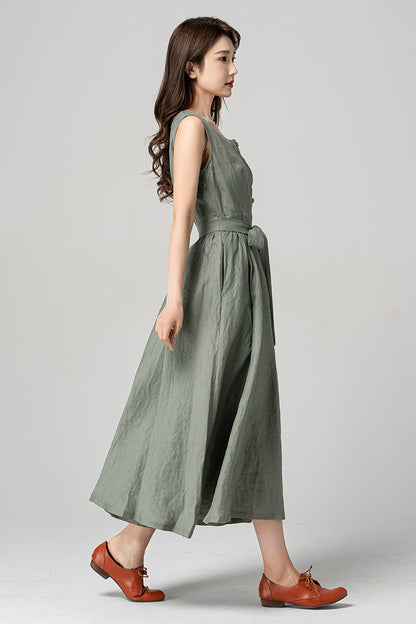 Green Linen Sleeveless Midi Dress - A-Line Silhouette with Waist Tie 4182