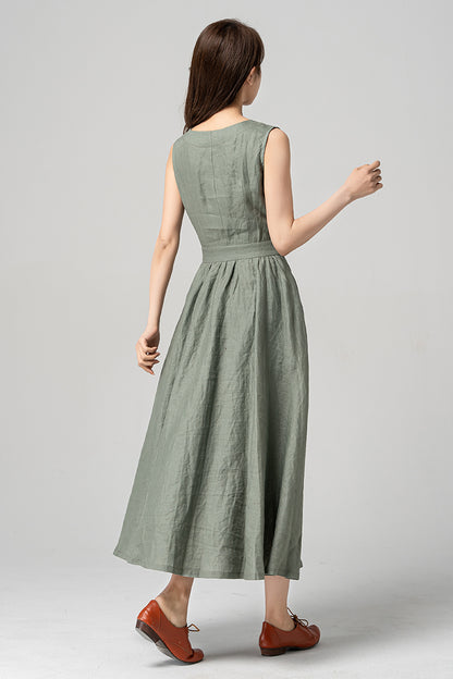 Green Linen Sleeveless Midi Dress - A-Line Silhouette with Waist Tie 4182