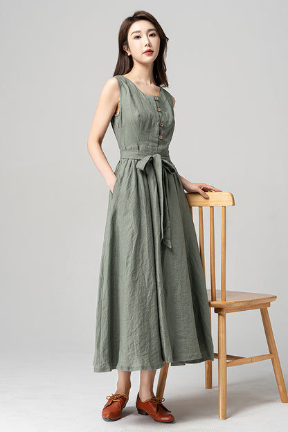 Green Linen Sleeveless Midi Dress - A-Line Silhouette with Waist Tie 4182