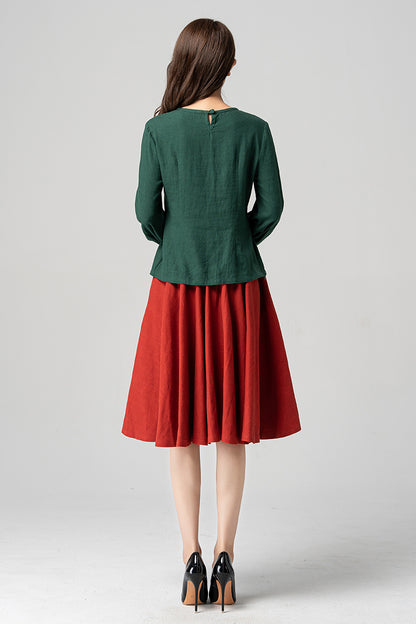 Spring Dark Green Linen Blouse 4183