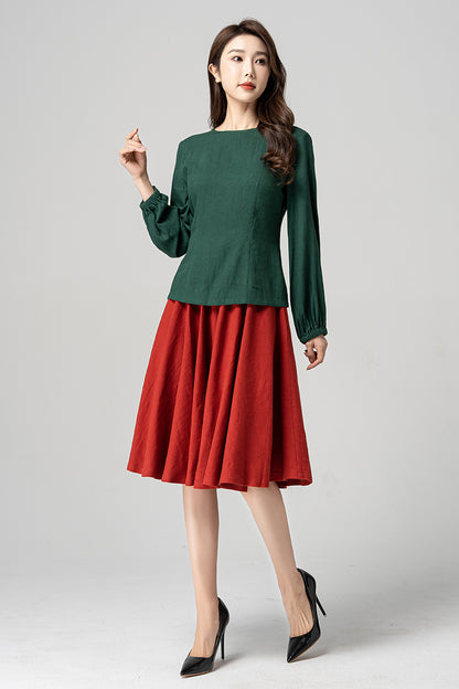 Spring Dark Green Linen Blouse 4183