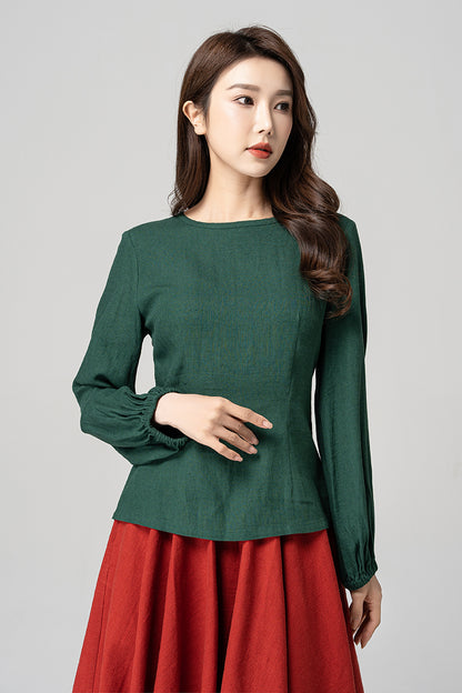 Spring Dark Green Linen Blouse 4183