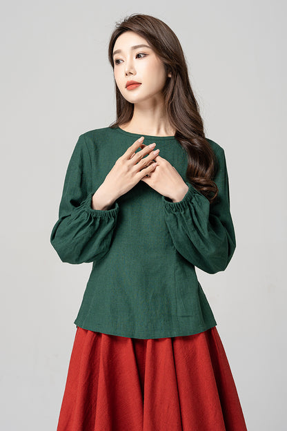 Spring Dark Green Linen Blouse 4183