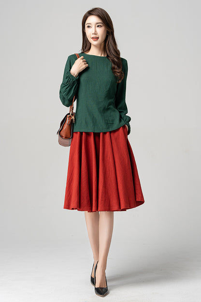 Spring Dark Green Linen Blouse 4183