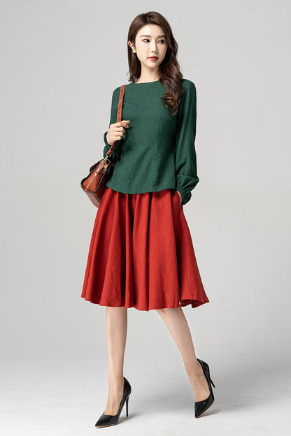 Spring Dark Green Linen Blouse 4183