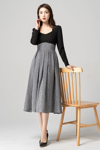 Black and Gray Polyester Midi Dress - Square Neck, Fit and Flare 4185
