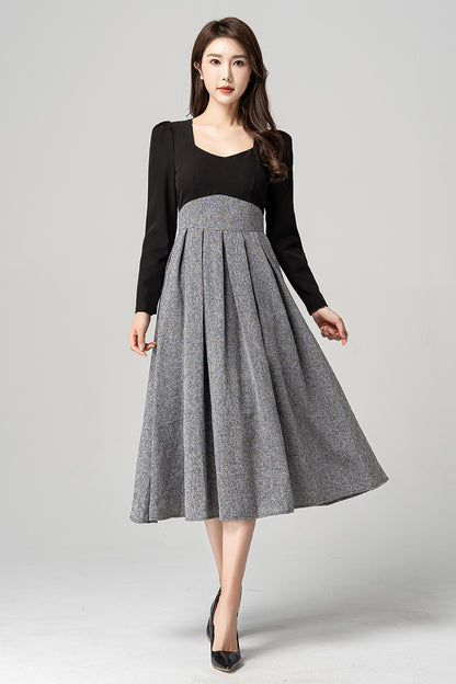 Black and Gray Polyester Midi Dress - Square Neck, Fit and Flare 4185