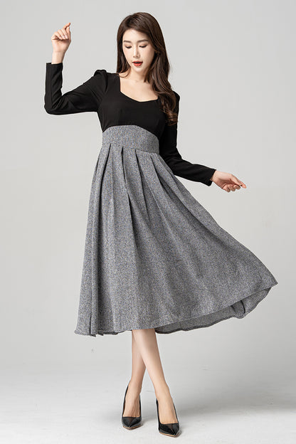 Black and Gray Polyester Midi Dress - Square Neck, Fit and Flare 4185