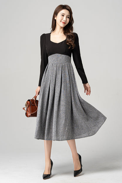 Black and Gray Polyester Midi Dress - Square Neck, Fit and Flare 4185