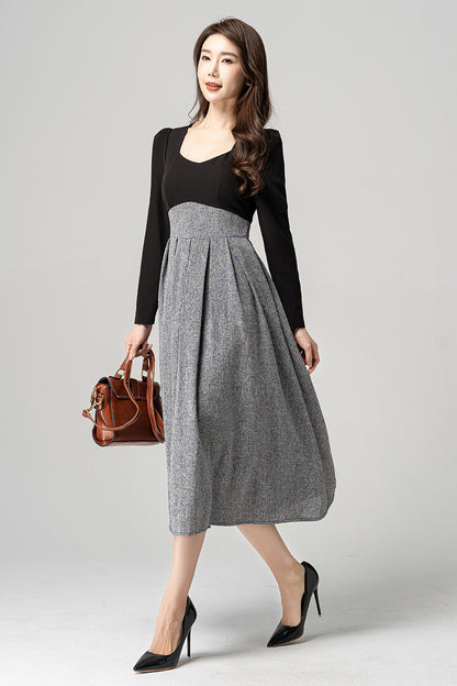 Black and Gray Polyester Midi Dress - Square Neck, Fit and Flare 4185