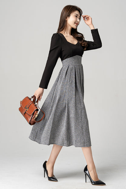 Black and Gray Polyester Midi Dress - Square Neck, Fit and Flare 4185