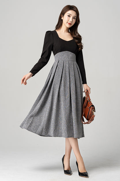 Black and Gray Polyester Midi Dress - Square Neck, Fit and Flare 4185