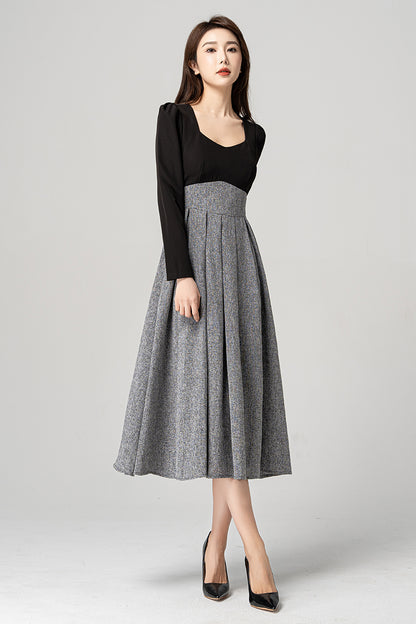 Black and Gray Polyester Midi Dress - Square Neck, Fit and Flare 4185