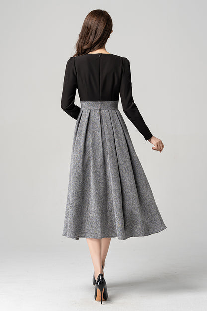 Black and Gray Polyester Midi Dress - Square Neck, Fit and Flare 4185