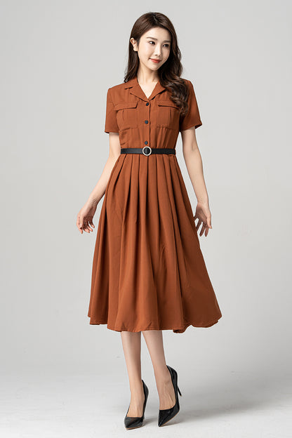 Brown Pleated Midi Shirt Dress - Elegant Swing Silhouette 4186