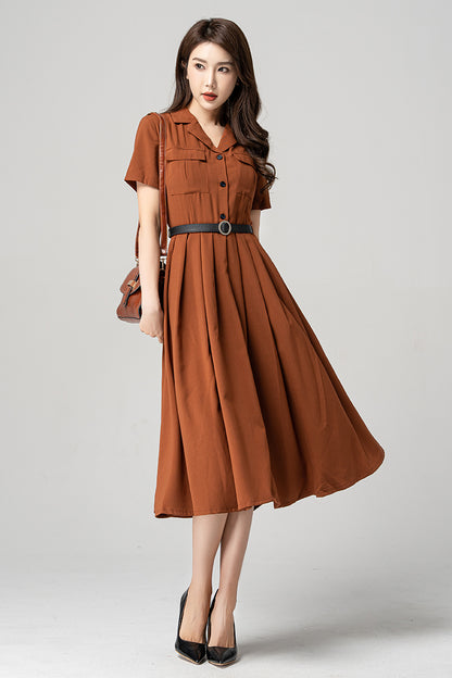 Brown Pleated Midi Shirt Dress - Elegant Swing Silhouette 4186