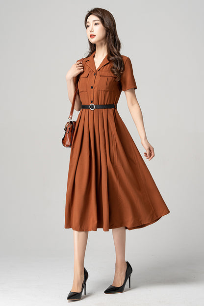 Brown Pleated Midi Shirt Dress - Elegant Swing Silhouette 4186