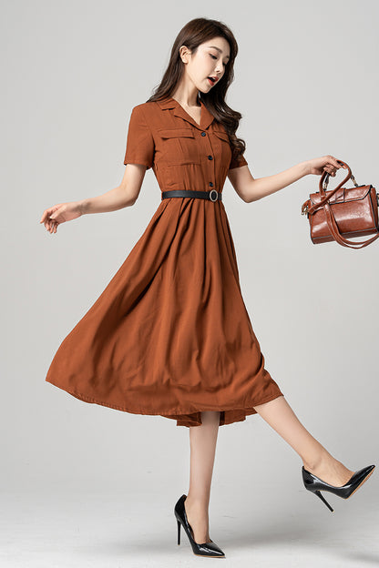Brown Pleated Midi Shirt Dress - Elegant Swing Silhouette 4186