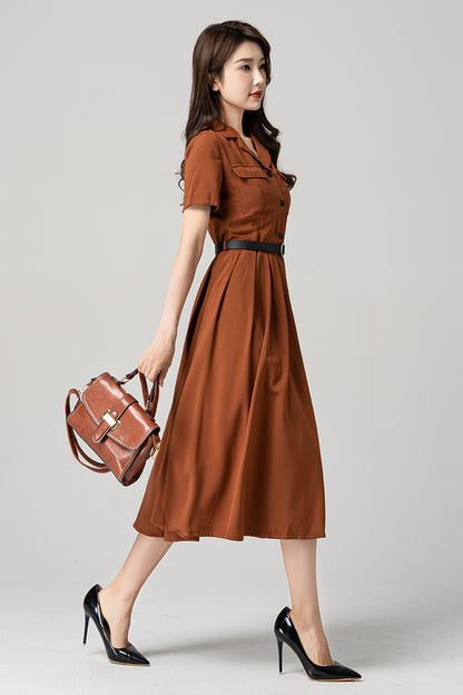 Brown Pleated Midi Shirt Dress - Elegant Swing Silhouette 4186