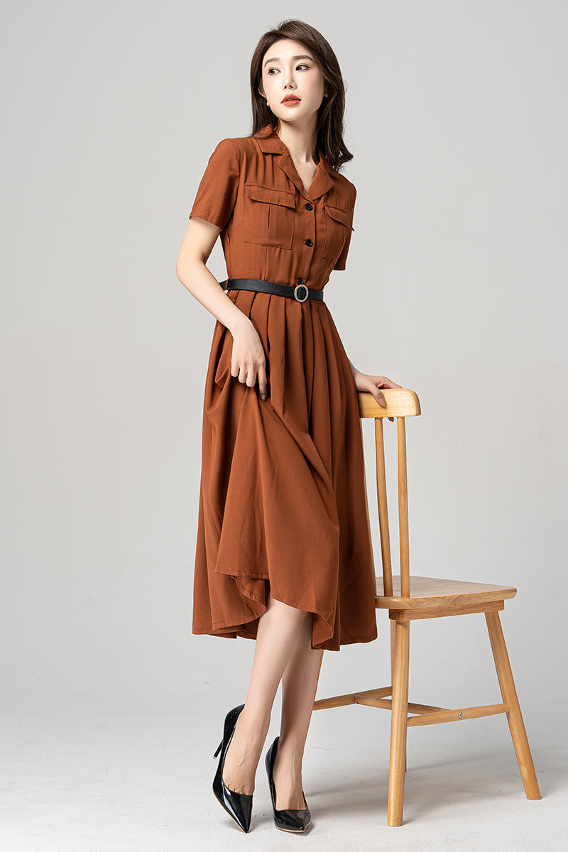 Brown Pleated Midi Shirt Dress with Swing Silhouette for Elegant Style – Xiaolizi