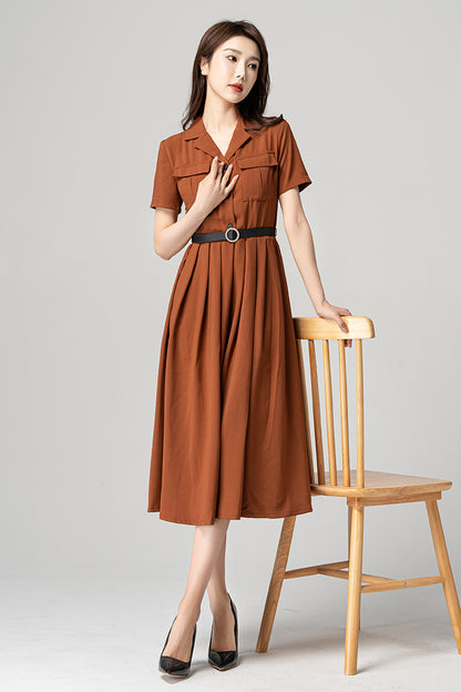 Brown Pleated Midi Shirt Dress - Elegant Swing Silhouette 4186