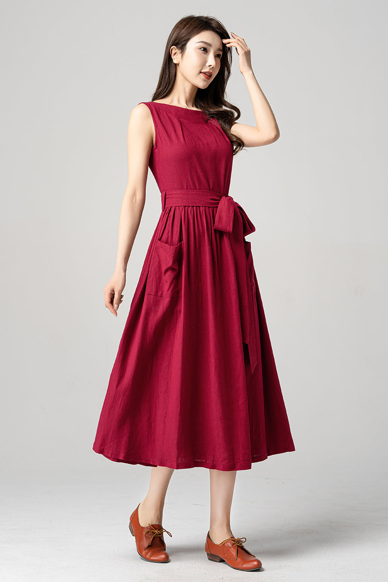 Red Sleeveless Midi Linen Dress 4190