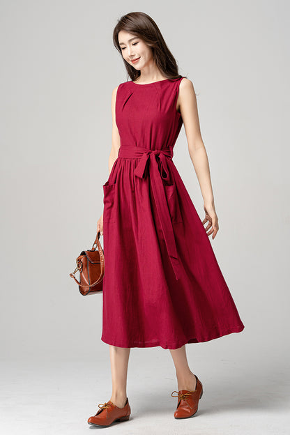 Red Sleeveless Midi Linen Dress 4190 - Size XS #CK2300222