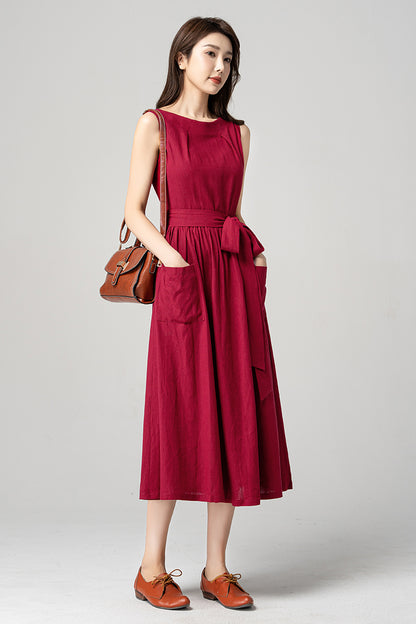 Red Sleeveless Midi Linen Dress 4190 - Size XS #CK2300222