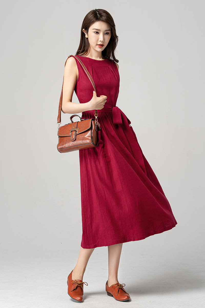 Red Sleeveless Midi Linen Dress 4190