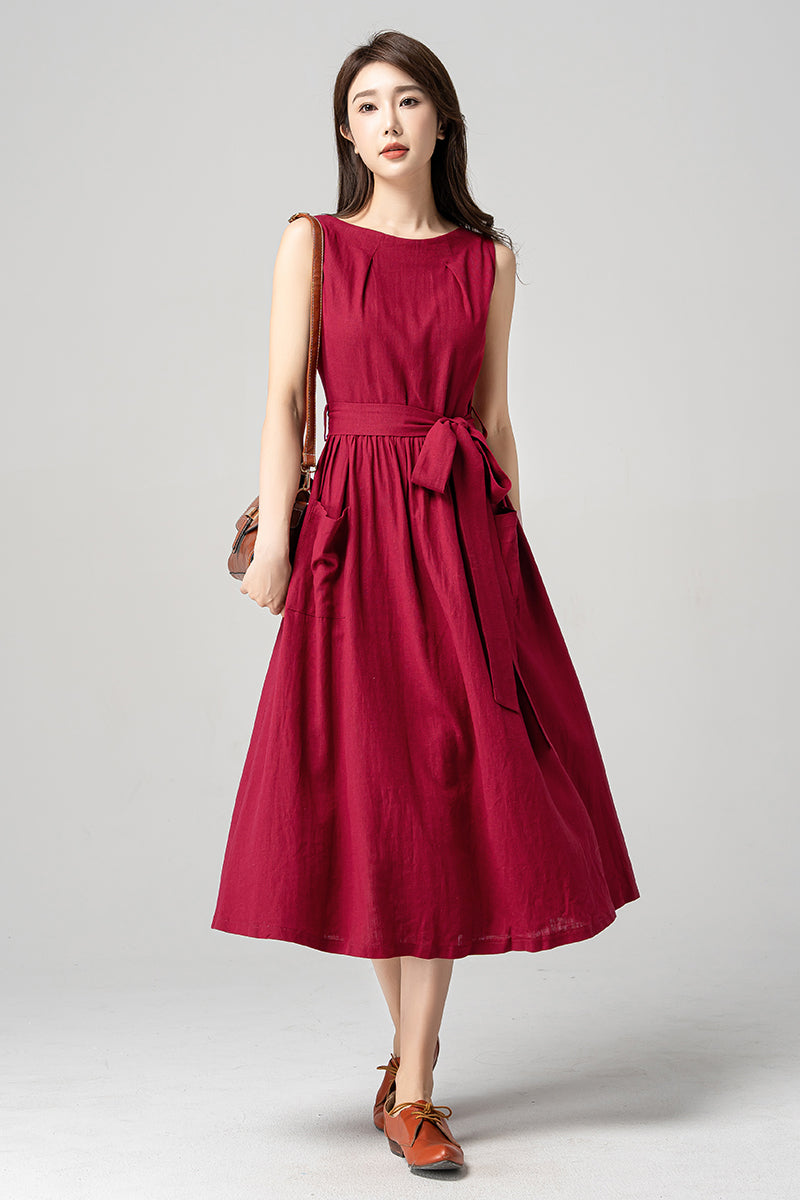 Red Sleeveless Midi Linen Dress 4190