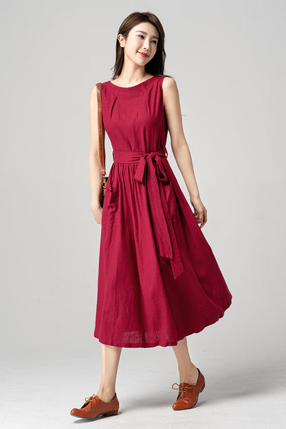Red Sleeveless Midi Linen Dress 4190 - Size XS #CK2300222