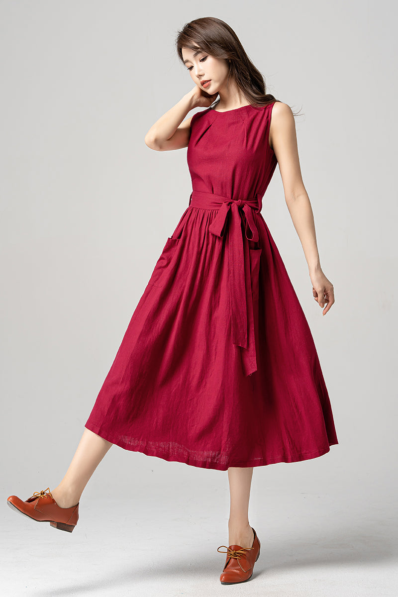 Red Sleeveless Midi Linen Dress 4190